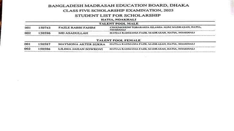হাতিয়ায় মাদ্রাসা বোর্ডে  ট্যালেন্টপুলে ৪ শিক্ষার্থীর বৃত্তি 